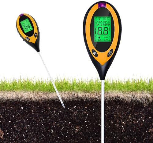 SKIKHN Medidor de Suelo 4 en 1,Medidor de Humedad del Suelo con PH/Temperatura/Humedad/Luz,Medidor PH Tierra con Pantalla LCD,Medidor de Humedad para Plantas,Jardinería,Césped,Agricultura