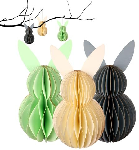 3 Bunte Osterhase Deko, Ostereier zum Aufhängen, Modern Osterhase, Frühling Deko Wabenhase aus Seidenpapier 11 x 20 cm