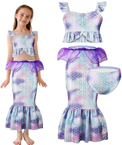 AYBUY Maillot de bain 3 pièces pour fille - Cosplay - Bikini avec jupe longue - Maillot de bain bustier - Slip de bikini pour filles, enfants, adolescents, violet (130 cm)