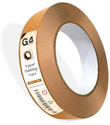 G4GADGET Nastro adesivo in carta kraft, 24 mm x 50 m, resistente nastro di carta marrone per imballaggio, cornici e scatole traslochi, ecologico e riciclabile