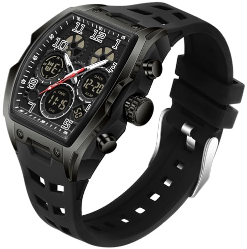 Montres pour Hommes Montres Rectangulaires Uniques Montres Militaires Digitale Analogiques Sport étanche Montres avec Alarme,Chronomètre,Compte à rebours,Carillon Horaire Multifonctions (Noir)