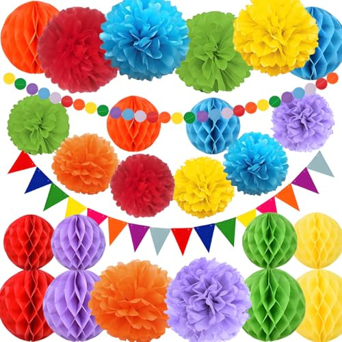 26 Pezzi Kit di Addobbi Compleanno per Feste Decorazioni Compleanno Multicolore con Palline a Nido d'Ape Fiori di Carta Bandierine Colorate e Festoni Perfetto per Matrimoni Feste e Carnevale