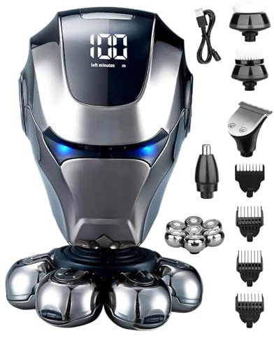 Afeitadora Cabeza Hombre 5 en 1, Afeitadora Eléctrica 7D Impermeable IPX5 con Pantalla LED, Carga USB-C, Kit de Afeitadora de Cabeza Multifuncional para Rostro y Barba