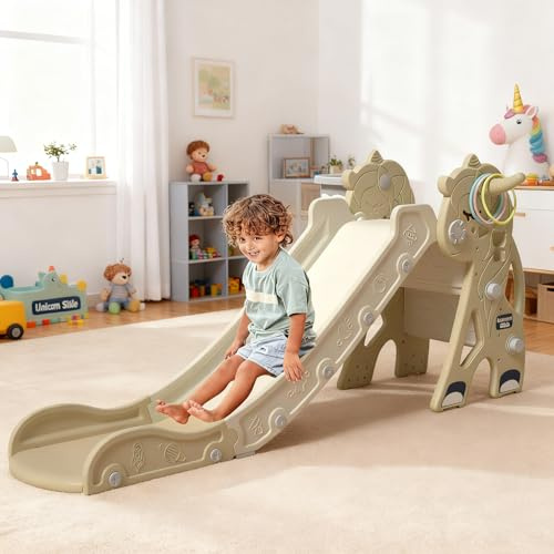 Kakbgee Toboggan pour Enfants，Pliable Glissière en HDPE， avec Escaladeur, Panier de Basketball et Jeux d'Anneaux，Aire de Jeux Intérieure/Extérieure –152 x 68 CM, glissière allongée de 142 CM (Jaune)