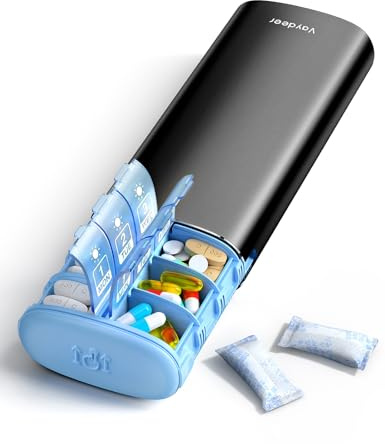 Vaydeer Pastillero Semanal 2 Tomas – Organizador Metálico 7 Días con Protección Anti-Humedad, Compartimentos Sellados AM/PM para Viaje, Vitaminas, Médicos (Negro)