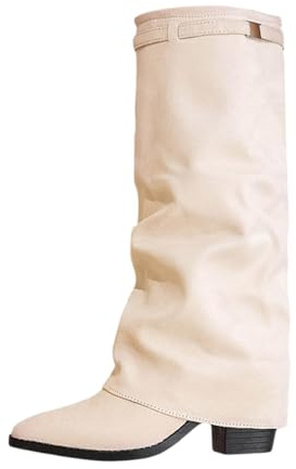 Stivali Donna Invernali Alti in Pelle Scamosciata a Impermeabili con Tacco Basso e Fibbia Stivaletti Gamba Larga Texani Primaverili al Ginocchio Tronchetti Equitazione Caldo Scarpe Eleganti,Bianco