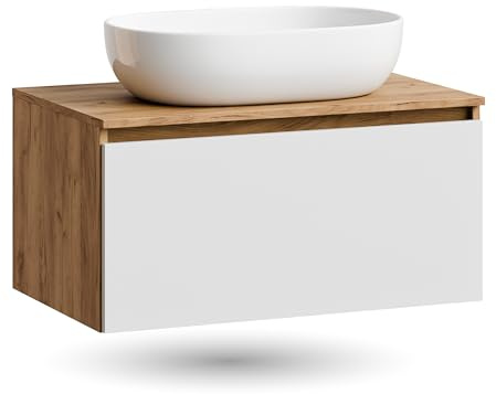 Planetmöbel - Set di mobili da bagno Arisa, armadietto lavabo 80 cm in rovere bianco e oro, lavabo 60 cm bianco, incluso sifone salvaspazio