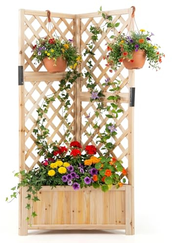 COSTWAY Jardinière avec Treillis en Bois avec Trou de Drainage, Bac à Fleurs Surélevé pour Plante Grimpante Vigne Fleurs Légumes, Lit de Jardin Angles de 90° (Naturel)