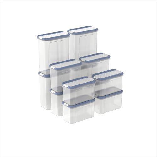 Rotho DOMINO 12-Set Vorratsdosen, Streu- & Schüttdose mit dicht schließendem Deckel, spülmaschinengeeignet, transparent/blau