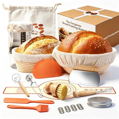 Sauerteig Starter Set med 2 Jäskorgar i Naturlig Rotting, Brödbak Tillbehör | (25cm Oval & 23cm Rund) 900ml Glasburk för Surdegsjäsning, Degskrapa, Linneinsats, Degvisp & Mer