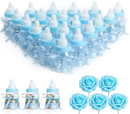 N&T NIETING Baby Shower Candy Bottle, 24Pcs Baby Shower Favours Fillable Baby Bottles with 5Pcs Roses, Mini Feeding Box for Infant Baptism Party Supplies Boy Girl Christening Birthday Decor(Blue)