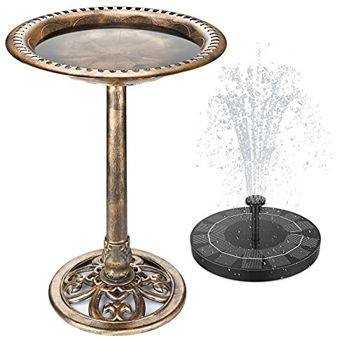 Bain d'oiseaux d'extérieur en polyrésine léger pour Jardin avec Fontaine Solaire de 2,5 W, utilisé en extérieur, terrasse, étang（Couleur Bronze Antique）