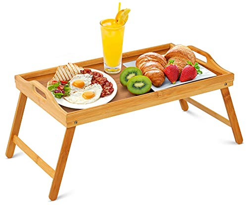 Vassoio per colazione in legno di bambù naturale, vassoio da portata con gambe pieghevoli e maniglie