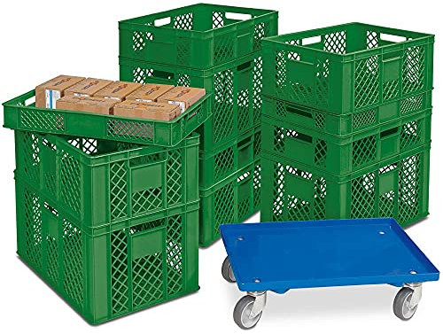 11 contenitori Euro/impilabili in 4 altezze, PE-HD, verde, L x L 600 x 400 mm, H 90 mm/150 mm/240 mm/320 mm, con rullo di trasporto incluso