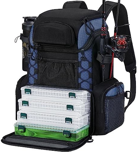 Piscifun Angelausrüstungsrucksack mit Rutenhaltern & 4 Tackle-Boxen, wasserdichter Regenschutz, Flaschenhalter, große wasserdichte Angeltasche, Aufbewahrung von Angelausrüstung und Ausrüstung für