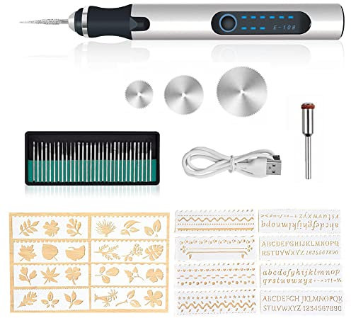 Gravierwerkzeugsatz, USB Mini Gravierstift Mit Gravurzubehör, Kabelloses Graviergerät Für Metall Glas Holz Stein Schmuck Nägel Keramik (Silber)