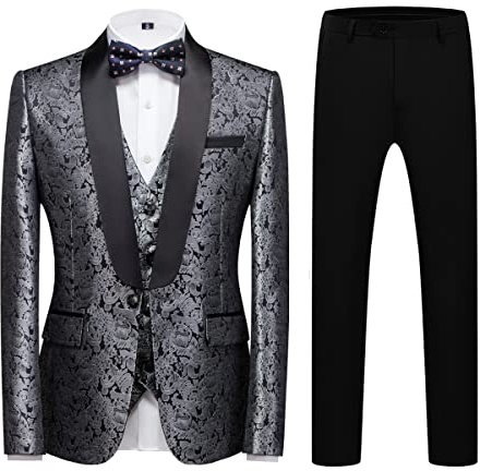 KUDORO Traje para hombre Slim Fit de 3 piezas con estampado Paisley para boda, negocios, fiesta, un botón, chaqueta de jacquard, chaleco y pantalones, Plateado1, XL