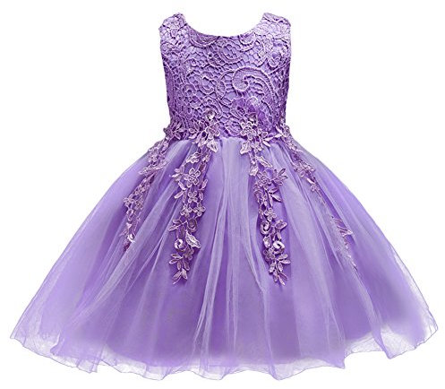 Robe Fille Mariage Fleur Dentelle Elegant Princesse Tutu Tulle Bébé Enfant sans Manche Col Rond avec Nœud Papillon 3D au Dos Cérémonie Demoiselle D'honneur Soirée Anniversaire Courte Violet 9-10 ans