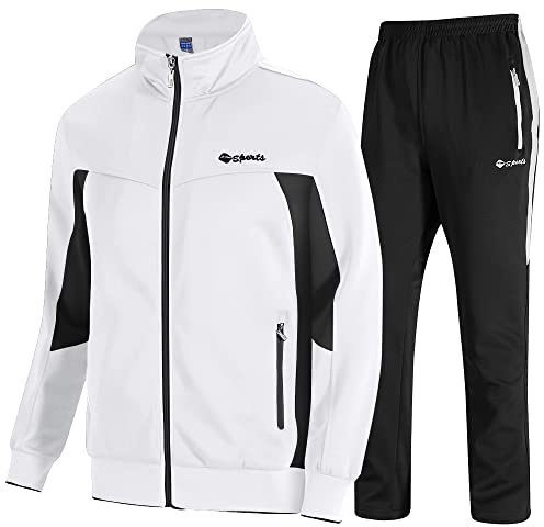 donhobo Herren Jogging Anzug Trainingsanzug Sporthose 2-Teiliges Outfit Sport Set Langarm Jogginganzug Fitness Gym Training Sportanzug (02weiß scharz, M)