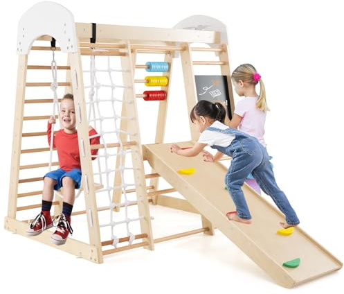 GOPLUS 8 en 1 Aire de Jeu Portique Escalade Enfant en Bois avec Toboggan,Chevalet, Mur&Filet&Barre& Échelle Escalade Échelle Balançoire, Jeu de Calcul pour Enfants 3 Ans + 124x119x138cm(Naturel)