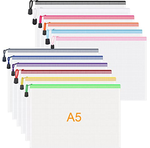 JIANTA Bolsas de Documentos, 12 Piezas A5 Bolsos de Archivo de Cremallera de Malla, Impermeable Carpeta Fundas Plastico para Cosméticos Suministros de Oficina Accesorios