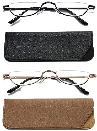 Hubeye 2 Pairs Half Moon Reading Glasses for Women and Men Metal Slim Half Frame Lens Ultra Thin Readers with Spring Hinges and Leather case 2.50