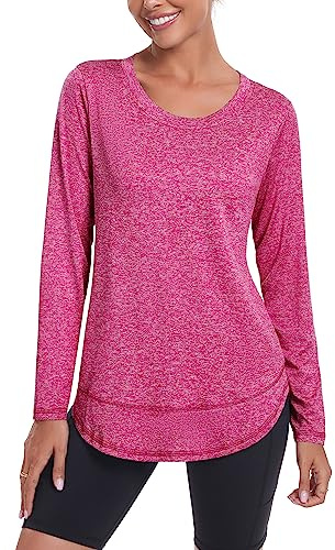 Deaviya Womens Long Sleeve Sports Tops UK, Sport Yoga T-Shirt Workout Running Tops, Crew Neck Quick Dry Golf Activewear Ladies Gym Sports Top, XL,Red