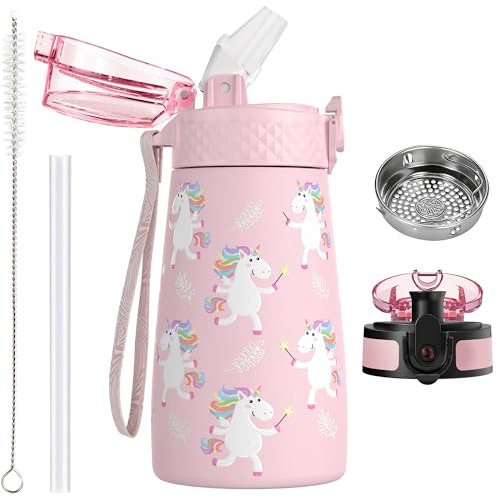 OLDLEY 350ml/12oz Bouteille d'eau en Acier Inoxydable pour Enfants avec Paille avec 2 Couvercles Différents Métal Isotherme Petite Fiole pour l'école Garçons Filles Boissons Chaudes Froides Sans BPA