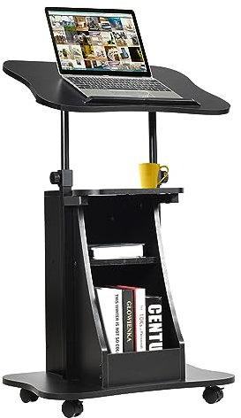 COSTWAY Mobiler Stehpult, höhenverstellbarer Rednerpult mit neigbarer Tischplatte und offenen Fächern, Schreibpult zum Stehen oder Sitzen, Stehtisch auf Rollen für Heimbüro, Schwarz