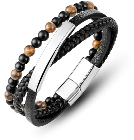 LAXPICOL Mens Leather Bracelets,Tiger Eye Beaded Bracelet Gift For Men