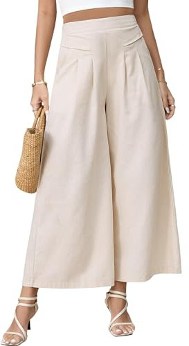 PASUDA Hose Damen Leinenhose Sommer Cropped Freizeithose Weites Bein Hosen Leicht Elegant Baumwolle Bequeme Palazzo Lässig Hose Elastische Taille Sommerhose Stoffhose mit Taschen (Beige, M)