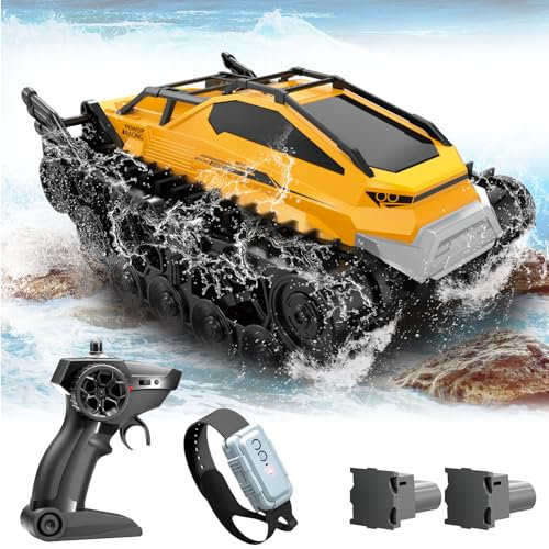 fisca RC Panzer Auto, Amphibische Fernsteuerung Crawler 2.4Ghz All Terrain Off-Road 4WD Drifting Auto RC Stunt Wasserdicht Crawler Tank Wasser Spielzeug Geschenke - Gelb