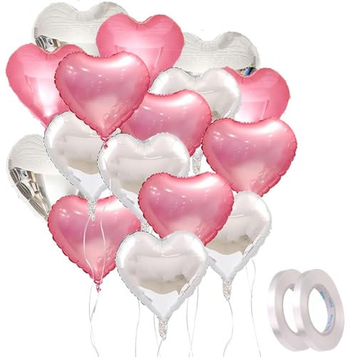 16 Pezzi Palloncini a forma di cuore rosa e argento, 45,7 cm, a forma di cuore, in Mylar rosa e bianco, per San Valentino, compleanno, matrimonio, baby shower, decorazione per feste