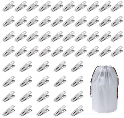 ZGDEIWGF Pinces À Linge 60 Pièces, 1 Sac De Rangement, Pinces À Linge À Ressort en Acier Inoxydable, Pinces À Linge Coupe-Vent Et Antidérapantes, Pinces À Couette en Métal, Pinces À Linge Solides