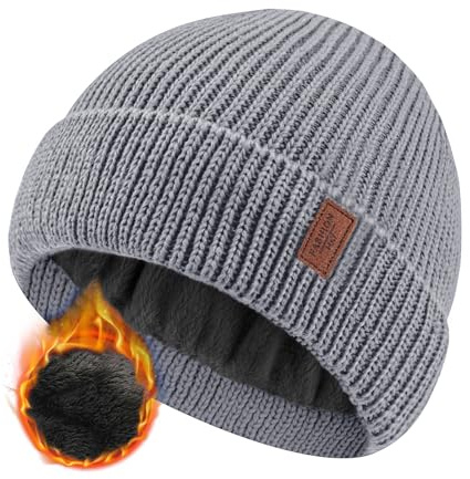 JFAN Gorro Hombres y Mujeres Invierno Gorro Docker de Punto Forro Polar Slouch Beanie de Lana Gorro de Invierno con Tapa de Calavera Enrollable Unisex,Gris