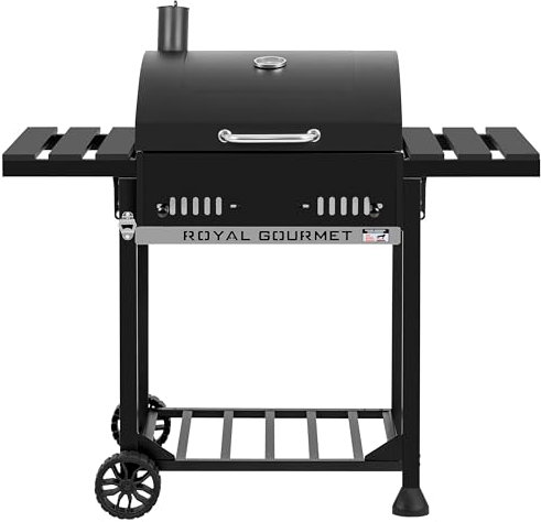 Royal Gourmet Barbacoa de carbón de Madera, Parrilla de carbón en Carro con tabletas Plegables, Tapa, termómetro, Superficie de Cocina, 56,5 x 42,2 cm, para jardín, Camping, Negro