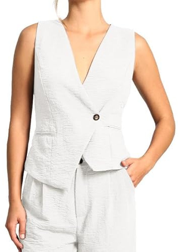Amazhiyu Chaleco de traje para mujer, chaleco de lino corto, sin mangas, cuello en V, de lino, chaleco vintage de verano, con botones, corte regular
