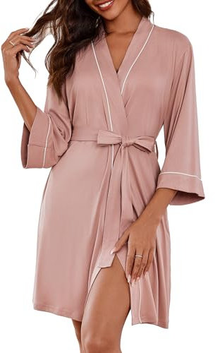 Ekouaer Accappatoio Donna Corta Maniche a 3/4 Vestaglia Super Morbido&Leggero Sottile Maglia Kimono Corta Maniche a 3/4 Con Tasche, Rosa, S