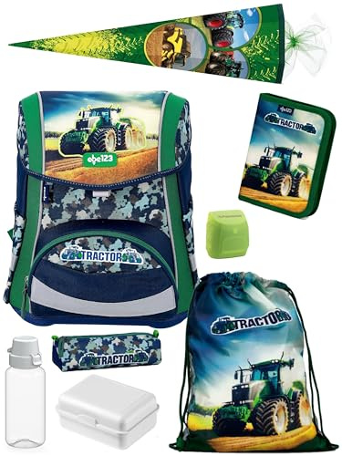 Familando - Ergo Premium Schulranzen Set - 8-teilig mit Schultüte - Traktor Blau Grün - Ergonomisch, stabil & mit verstellbarem Rückenpolster - 1000g - 20L Volumen - Mit Reflektoren - ab 1. Klasse