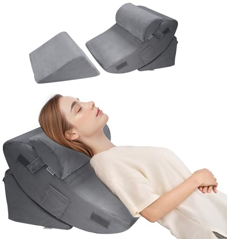 VEVOR Cuscino a Cuneo per Dormire, Set di 4, Cuscini Ortopedici Regolabili per Letto, Supporto per Gambe, Collo e Spalle, per Mal di Schiena, Reflusso Acido, Sollievo dal Russare, Grigio Scuro