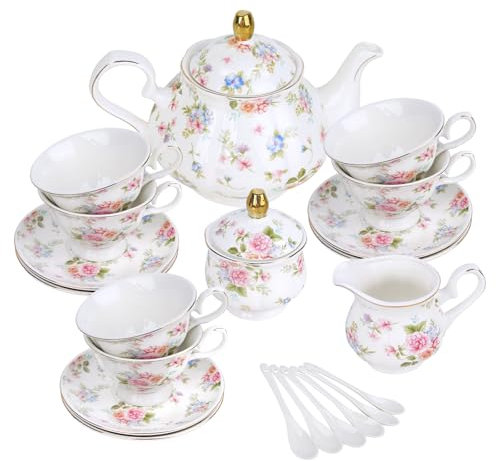 fanquare Service à thé 21 pièces aux couleurs pastel avec détails en relief, service à café en porcelaine vintage avec bordure dorée, 6 tasses et soucoupes pour les femmes, goûter
