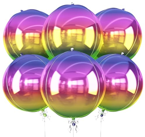 6Pcs Gradient Rainbow Round Foil Balloons, 22 Large Helium Colorful Ball Balloon, Metallic Multicolor Iridescent Balloon for Birthday Graduation Wedding Anniversary Disco Prom Party Decorations