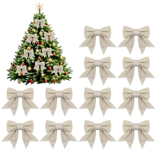 Leikedun 12 Pièces Noeuds de Ruban de Noël, 12x15cm Grande Taille Arcs de Papillon Ruban, Blanc Arcs de Noël Pailletés, Noeud Sapin Noel, Decoration Sapin Noel, Cadeaux de Noël (Champagne)