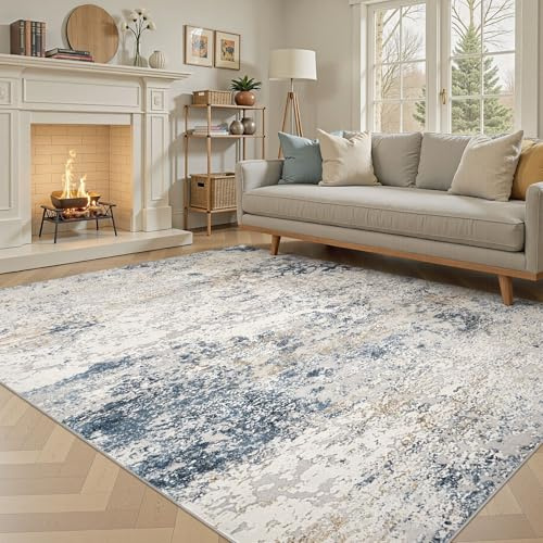 DMOYEST Washable Rugs Living Room 200x300cm Abstract Carpet Beige Blue | Large Thin Neutral Modern Non-Slip Low Pile Soft Kid Pet Friendly Indoor Carpet for Bedroom Dining Room Office