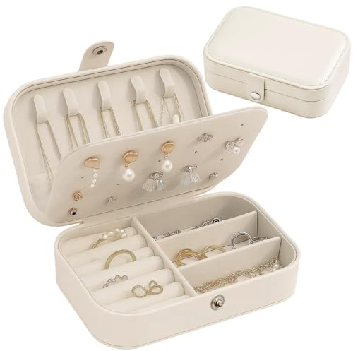 Travel Jewellery Box, White Portable Jewellery Organiser for Women, Compact Jewellery Case with Secure Storage for Necklaces, Rings, Earrings, Ideal Gift for Travelers