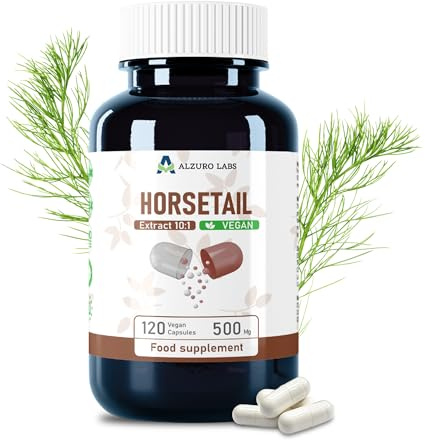 Alzuro Labs Estratto di Equiseto 5.000 mg equiv. | Alto dosaggio estratto 10:1 500 mg Equisetum arvense | Silicio per capelli, pelle e unghie | 120 capsule vegane | GMP e testato da laboratorio terzo