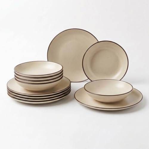 INTRECCI Servizio Piatti – Set Completo per 6 Persone in Ceramica – Design Moderno – Piatti Tavola Eleganti – Compatibili Lavastoviglie e Microonde - Set 12 piatti, modello: Essential Stone Beige