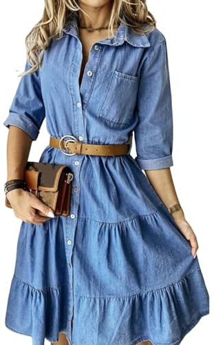 Generisch Abito da donna elegante e confortevole con bottoni, vestibilità casual e larga, polsini attillati, abito in jeans con volant, collezione Primavera/Estate 2026, Stili, L