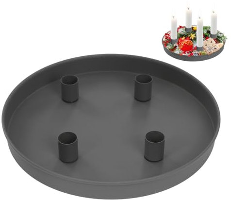 Sprinlot Metall Kerzentablett Grau, 23cm Metall Kerzenständer mit 4 Magnetischen Haltern, Kerzenhalter Adventskranz Grau, Ständer Deko Tablett Rund für Adventsgirlande
