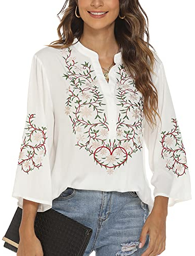 Vakakado Mexique Femmes bohème brodé Chemise Folklore Fleurs Tunique Top bohème Chemise Manches 3/4 col V(380,Blanc,M)